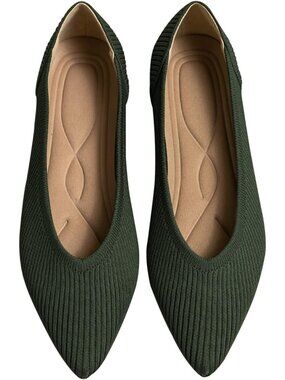 Womens Green Pointed Toe Knit Ballet Comfortable Dressy Solid Slip On Flat Shoes